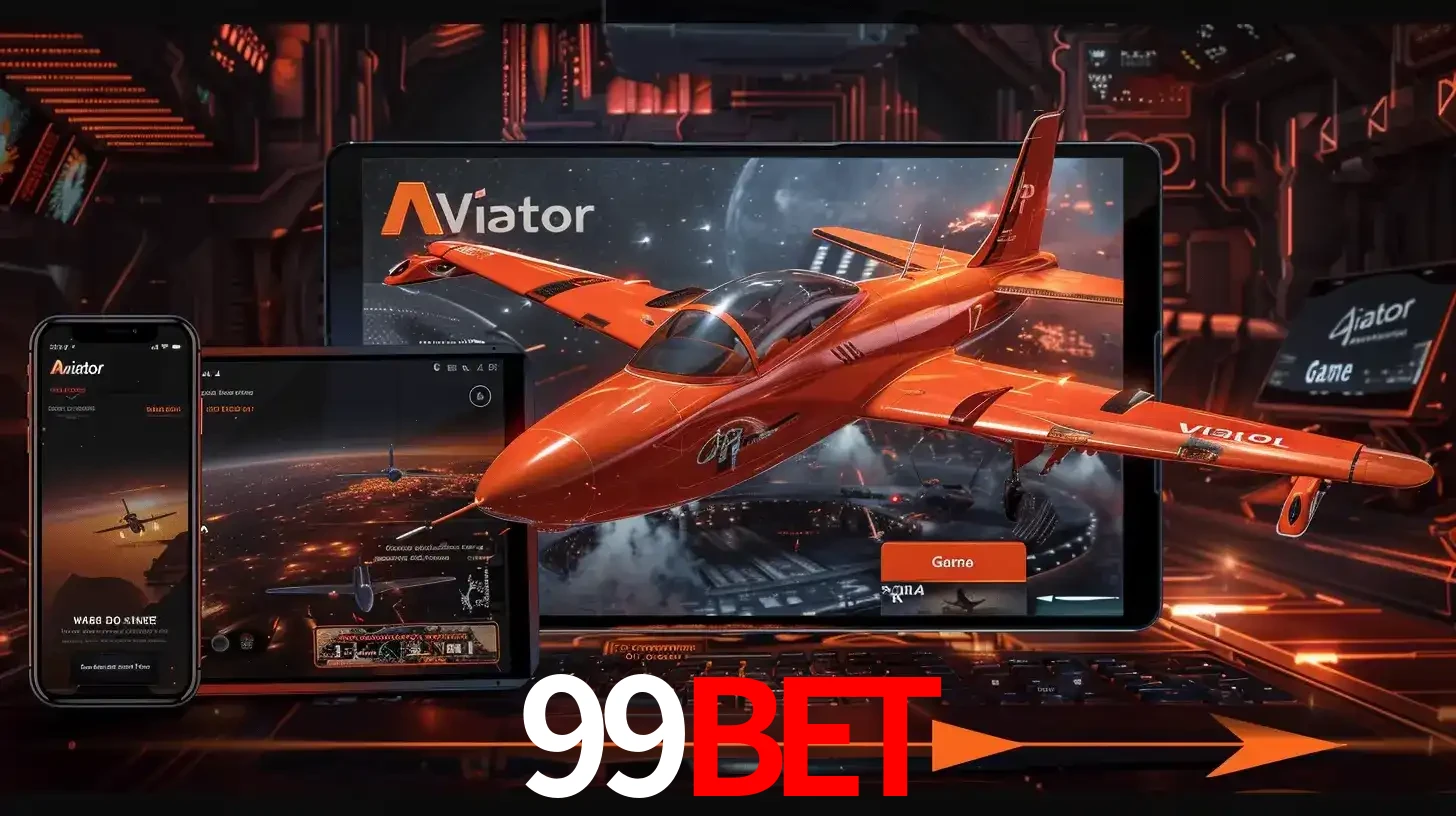 Apresentação tecnológica do jogo Aviator com um avião saindo da tela de um tablet, demonstrando a experiência imersiva em múltiplos dispositivos no 99BET.