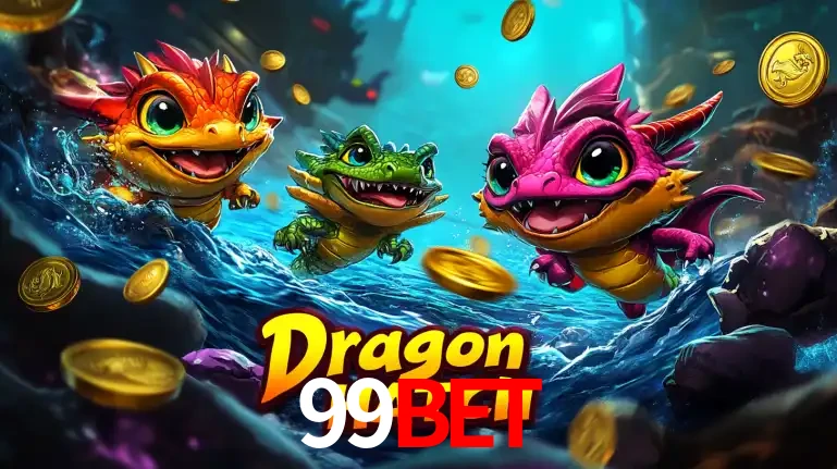 Arte promocional do jogo Dragon Hatch com três adoráveis dragões bebês nadando entre moedas de ouro, um dos slots mais divertidos para jogar no cassino 99BET.