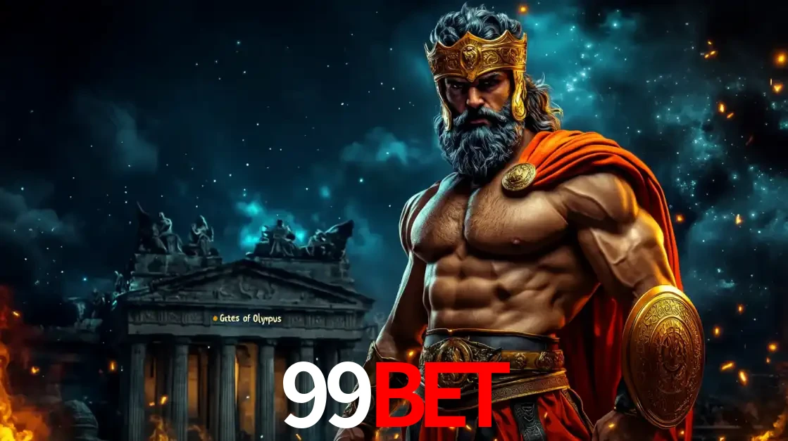 O poderoso Zeus do jogo de slot Gates of Olympus em frente ao seu templo, pronto para lançar multiplicadores divinos e prêmios épicos no cassino online 99BET.