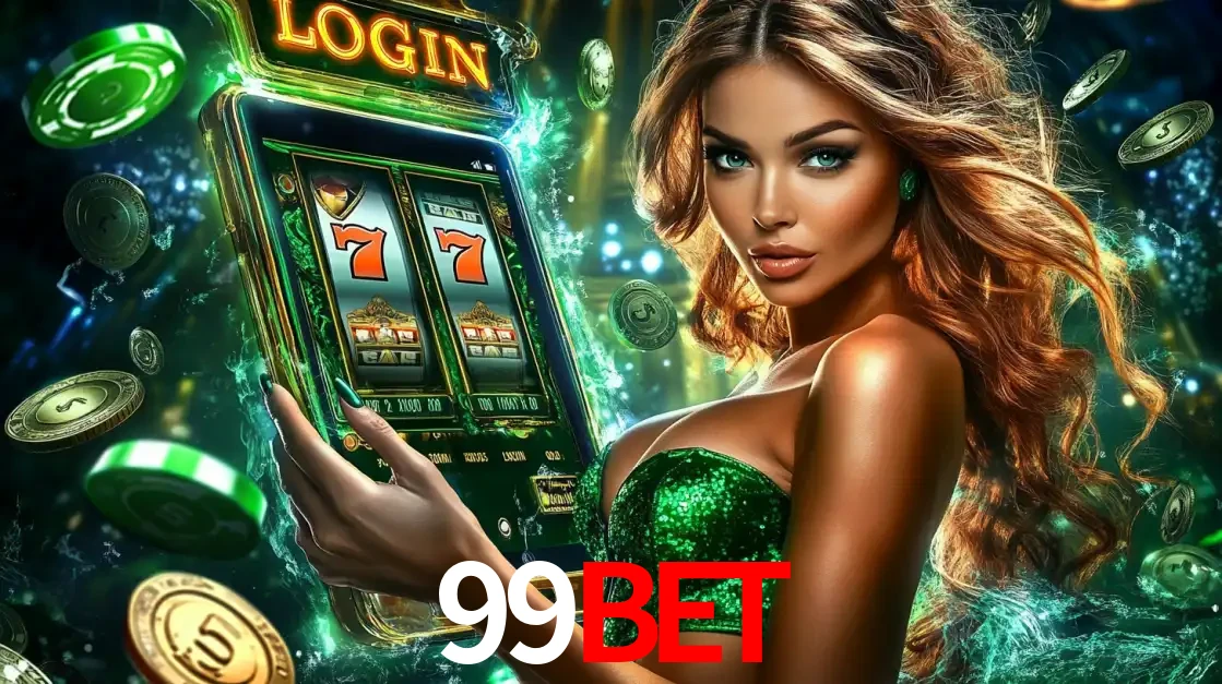 Mulher com tema verde apresentando o aplicativo do cassino 99BET com um jogo de slot de 777, cercada por fichas de cassino e uma aura de sorte.