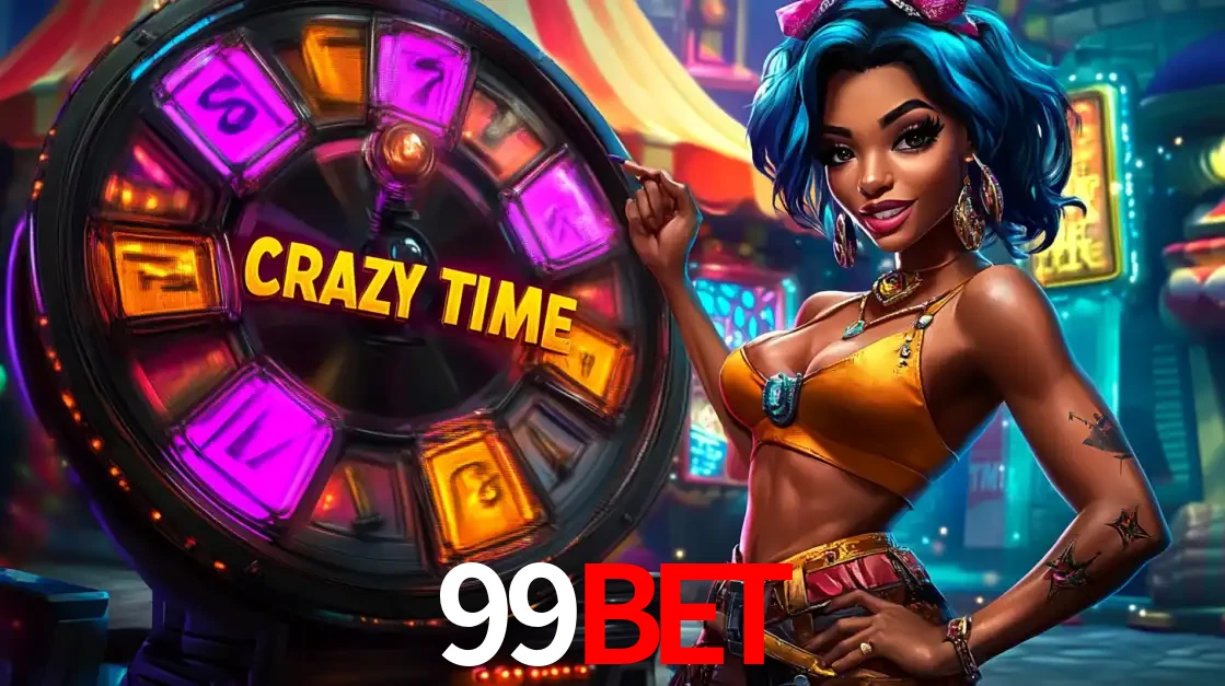Mulher estilizada com cabelo azul e visual vibrante posando ao lado da roda de prêmios do game show Crazy Time, convidando para a diversão e os bônus do cassino 99BET.
