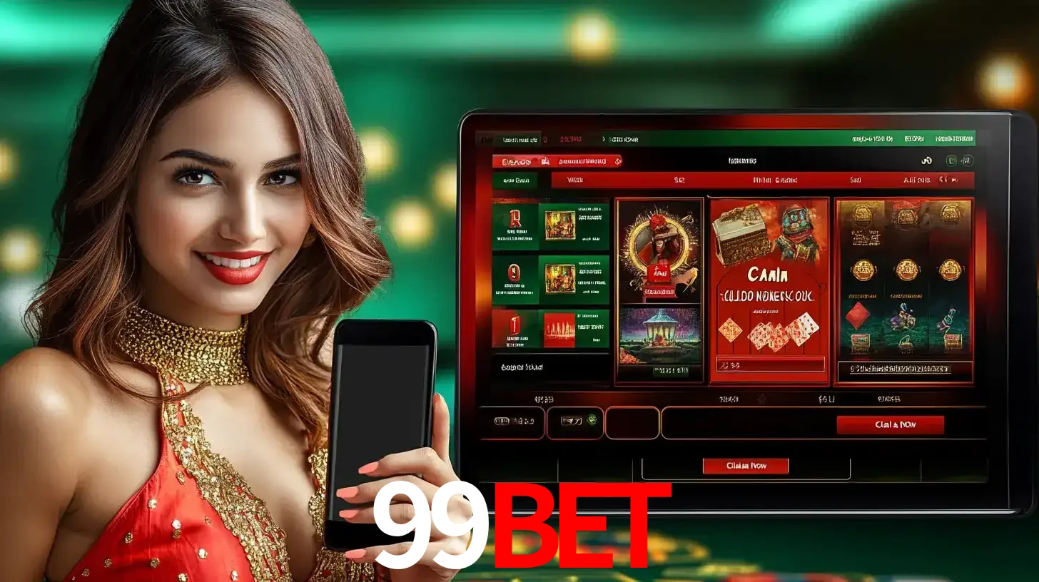 Mulher sorridente segurando um smartphone, ao lado de uma tela exibindo o lobby de jogos do cassino online 99BET, com várias opções de jogos de cartas e slots.